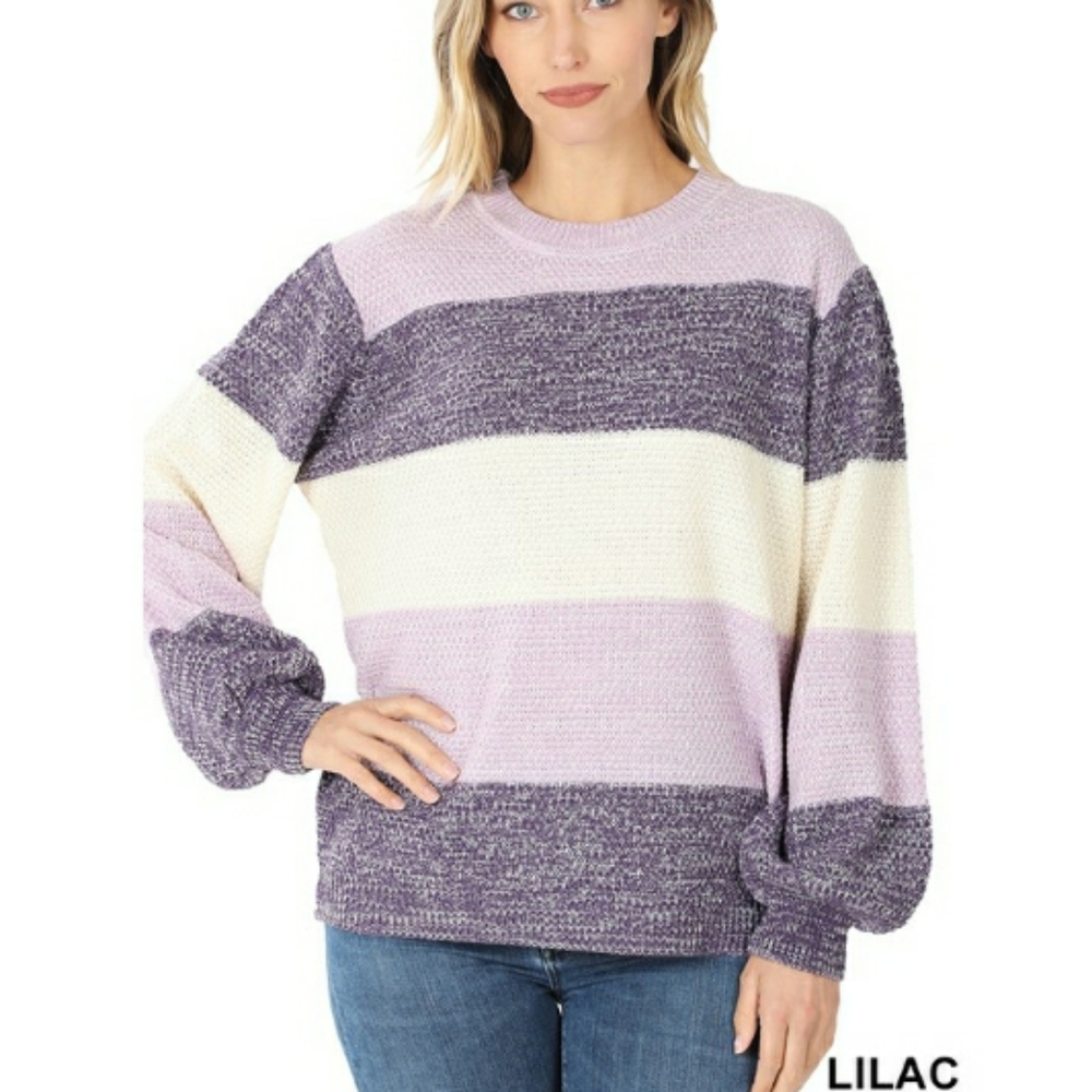 Relaxed Striped Crewneck Sweater in Lavender, Purple & Cream - Picture 2 of 6